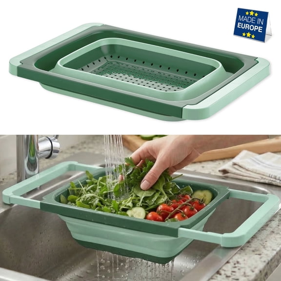 Hakan Collapsible Strainer 5.8 qt with Extendable Handles, Foldable Over-Sink Colander, Green