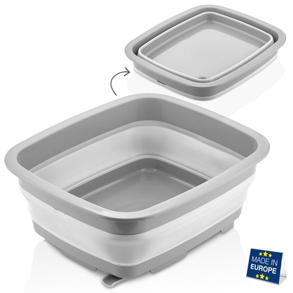 Hakan Collapsible Tub 9L with Drain Plug, Foldable Dish Basin, Space Saving, Gray