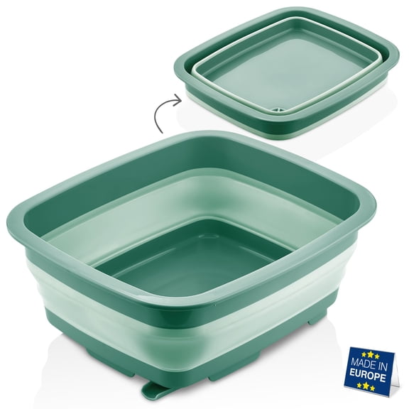 Hakan Collapsible Tub 9L with Drain Plug, Foldable Dish Basin, Space Saving, Green