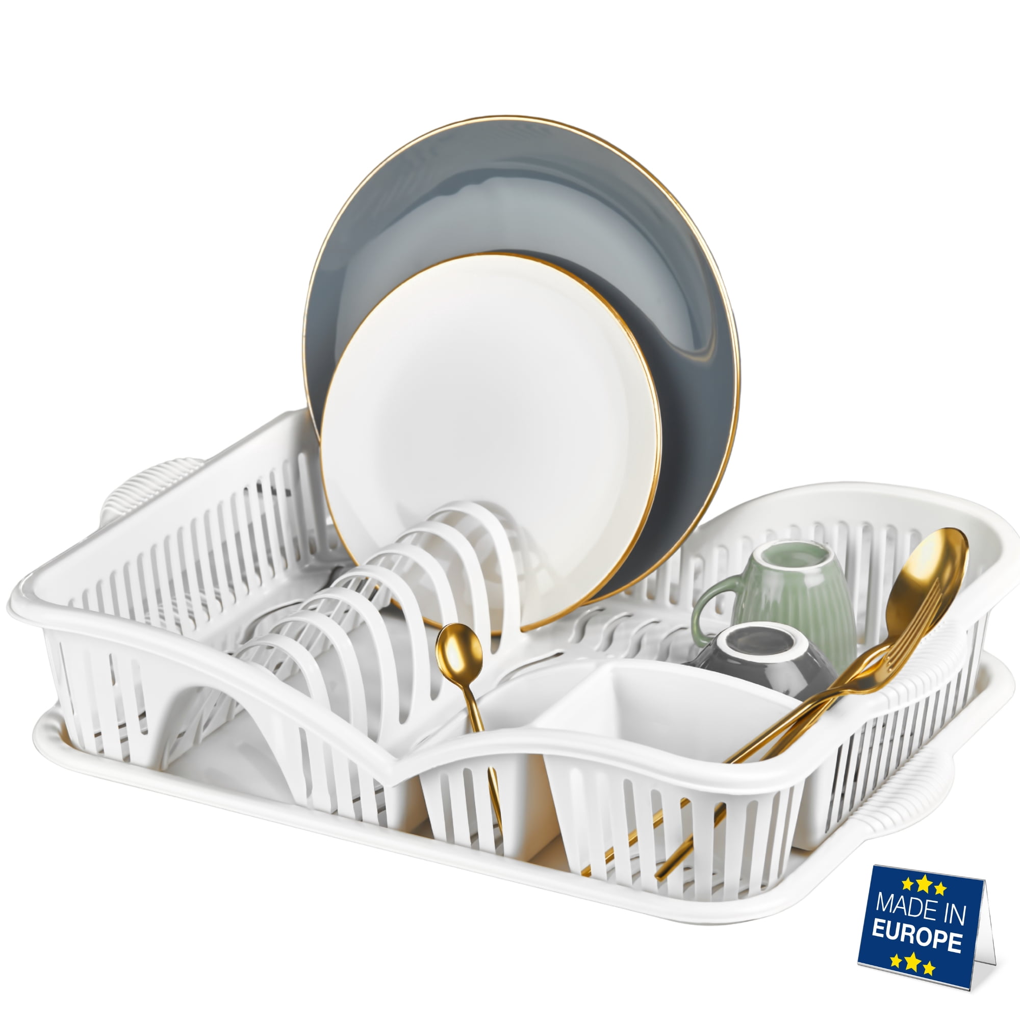 Hakan Dish Drying Rack with Drainboard & Cutlery Holder, Plastic, 17.9x12.5x3.7”