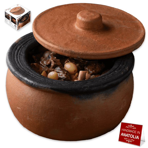 Hakan Efes Clay Pot with Lid, Clay Pot for Cooking, Unglazed Twice Baked Terracotta Traditional Casserole for Stovetop, Midi, 3 qts