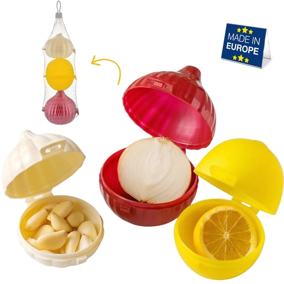 Hakan Fruit & Veg Storage Containers Set of 3, Lemon, Garlic, Onion Keepers, BPA Free