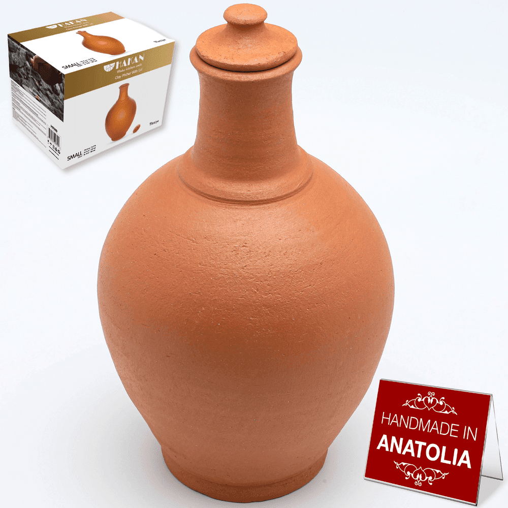 Small Handmade Unglazed Terracotta Clay Pitcher with Lid