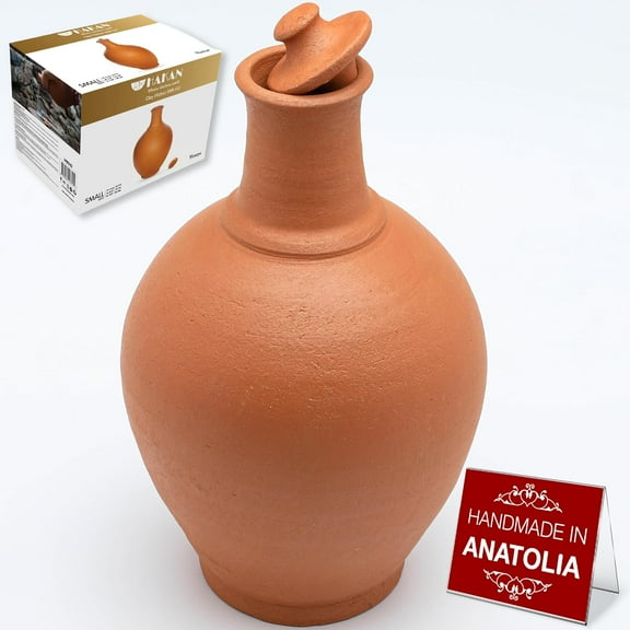 Hakan Handmade Traditional Unglazed Clay Pitcher with Lid, Natural Home Decor Vintage Terracotta Drinking Bottle, Earthenware Beverage Jar from Cappadocia, Water Jug (Midi - 4.7 Quarts (4.5 Liters))