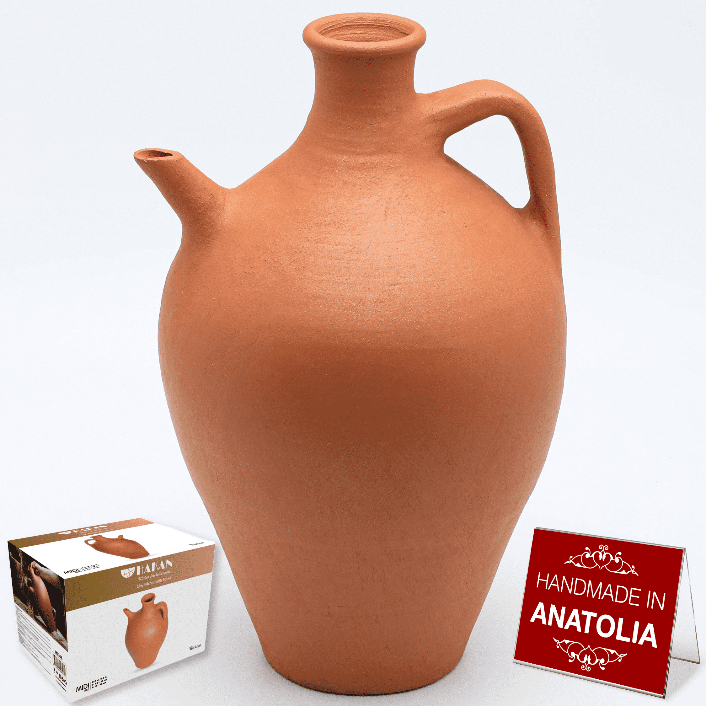 Large Terracotta Clay Pitcher with Spout, 4.8 Quarts
