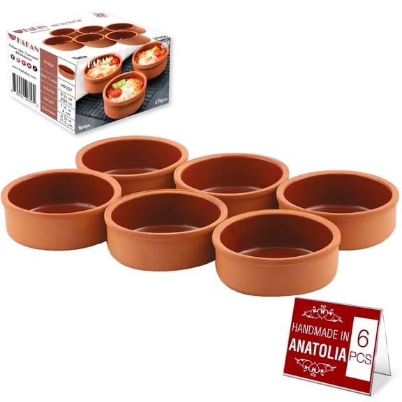 Hakan Hitit Clay Bowl Set of 6, Terracotta 4.5-inch Bowls, 8.5 Oz Glazed Inside Cooking Clay Bowls in Box