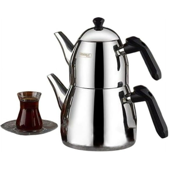 Hakan Kahramanlar Elmas Stainless Steel Turkish Teapot Set for Stovetop, 0.65 Quart (0.65L) Top Pot and 1.27 Quart (1.2L) Bottom Boiler, Double Tea Maker with Hygienic Black Handles, Samovar Style