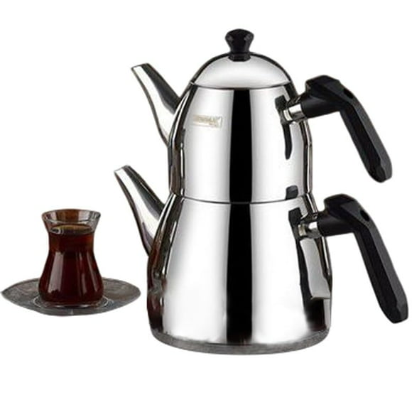 Hakan Kahramanlar Elmas Stainless Steel Turkish Teapot Set for Stovetop, 0.65 Quart (0.65L) Top Pot and 1.27 Quart (1.2L) Bottom Boiler, Double Tea Maker with Hygienic Black Handle