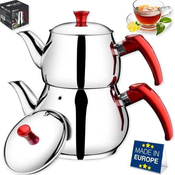 Hakan Stainless Steel 2.8 L Midi Double Bondy Turkish Tea Pot Set with Self Strainer Double Lids, 93 Oz