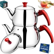 Hakan Stainless Steel 3.2 L Maxi Double Bondy Turkish Tea Pot Set with Self Strainer, Double Lids, 107 Oz