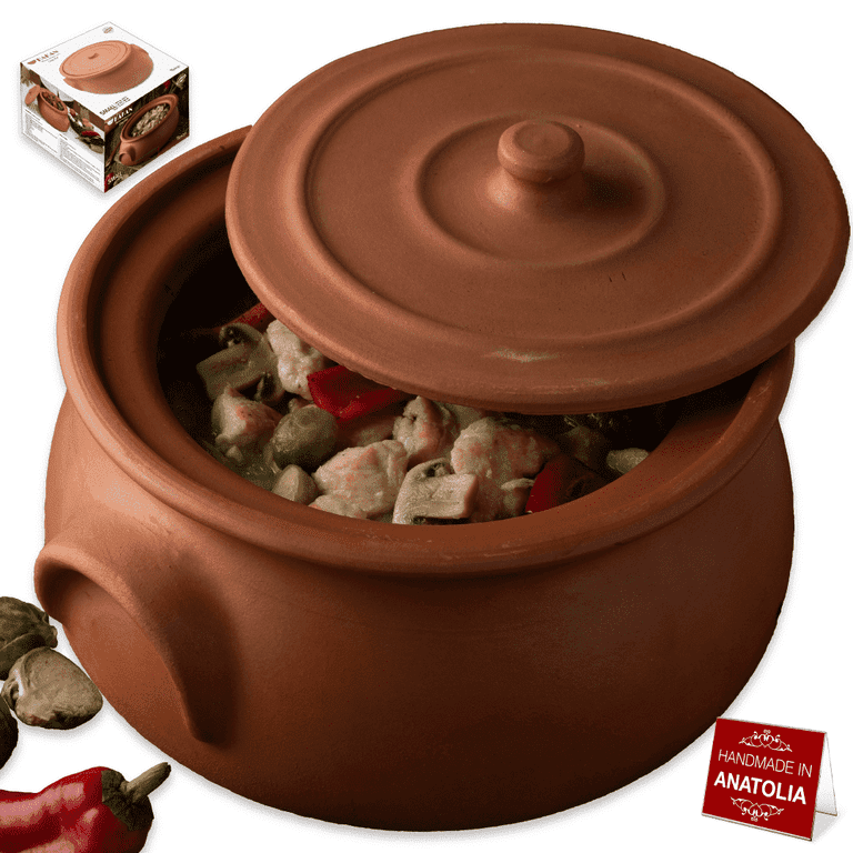 HAKAN, Handmade Clay Cooking Pot, 7.6 Quarts, Unglazed Natural