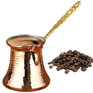 Antique Copper Turkish Coffee Maker with Wooden Handle, Creamer, and Cup  Set. Gorgeous Cezve or Ibrik or Finjan.