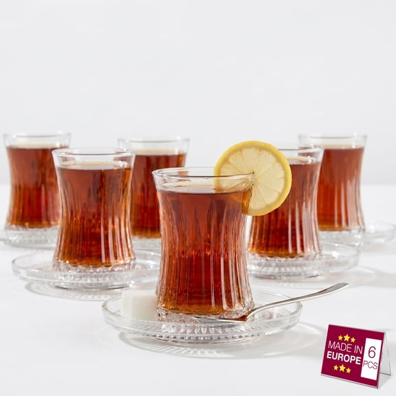 Hakan Turkish Tea Glass Set 12 Pc, Tulip Teacups & Saucers, 5.7 oz Clear Glass Fluted Design