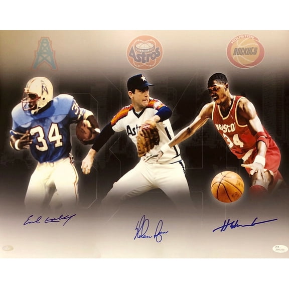 Hakeem Olajuwon Earl Campbell Nolan Ryan Signed 16x20 JSA and NR Authentic