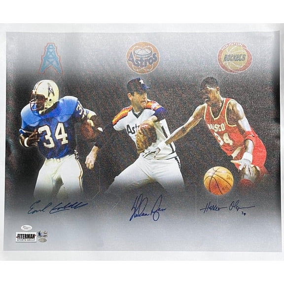 Hakeem Olajuwon Earl Campbell Nolan Ryan Signed 20x24 Canvas JSA Authenticated