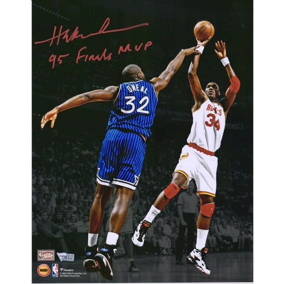 Hakeem Olajuwon Houston Rockets Autographed 11" x 14" Spotlight Shot Over Shaquille O'Neal Photograph with "95 Finals MVP Inscription - Fanatics Authentic Certified