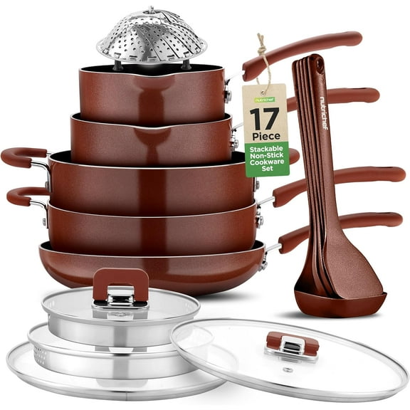 Hakelli 17pcs Brown Stackable Pots and Pans Set, Nonstick Induction Cookware, Space Saving Cookware, Easy Clean, Ideal For RV and Camper, Includes a Foldable Steamer Basket and Cooking Utensils