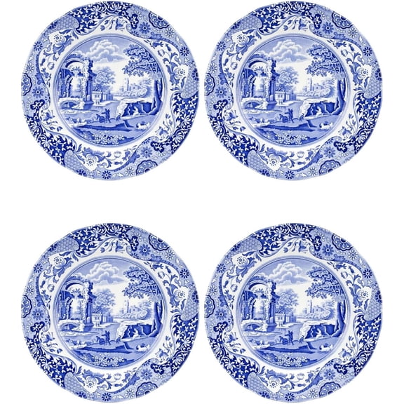 Hakelli Blue Italian 9-Inch Porcelain Luncheon Plates - Set of 4 Classic Round Dishes with Eastern-Inspired Border - Elegant Blue & White Tableware Gift for Everyday Meals & Hosting