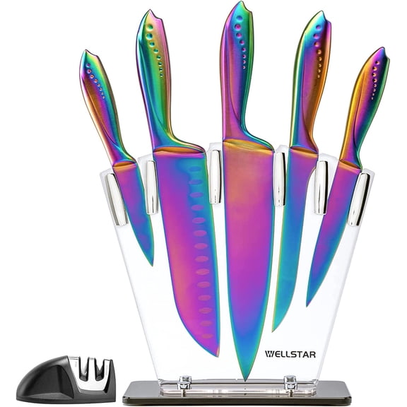 Hakelli Rainbow Knife Set 7 Pieces, Iridescent German Stainless Steel Kitchen Knives Set with Acrylic Stand Holder, Colorful Titanium Coating, Chefs Knife Block Set with 2 Stage Mini Knife Sharpener