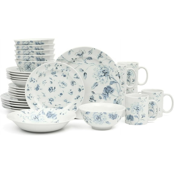 Hakille Empress Bouquet Decorated Porcelain Dinnerware Plates and Bowls Set - Blue Floral, Service for 6 (30pcs)