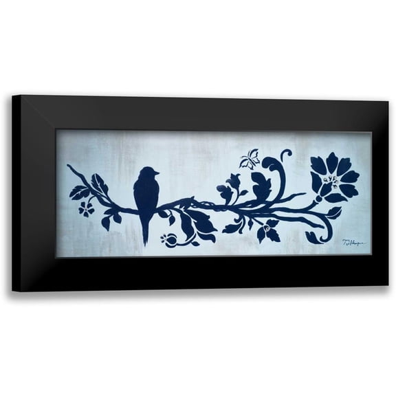 Hakimipour, Tiffany 14x8 Black Modern Framed Museum Art Print Titled - Blue Floral and Bird II