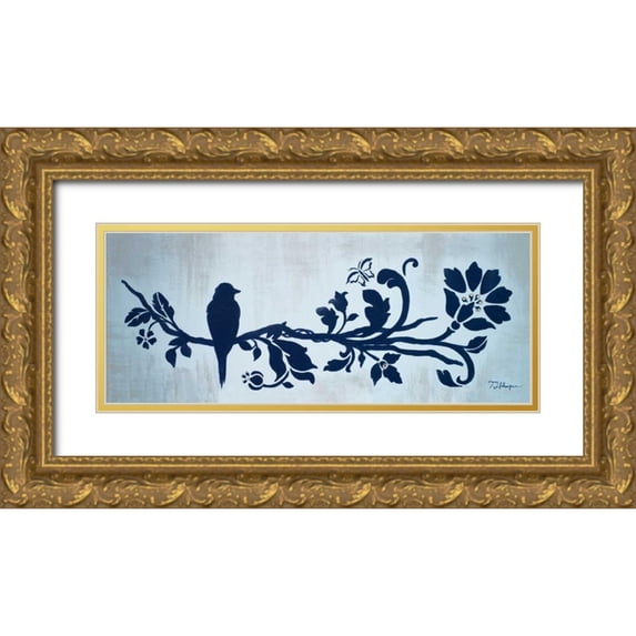 Hakimipour, Tiffany 14x8 Gold Ornate Wood Framed with Double Matting Museum Art Print Titled - Blue Floral and Bird II