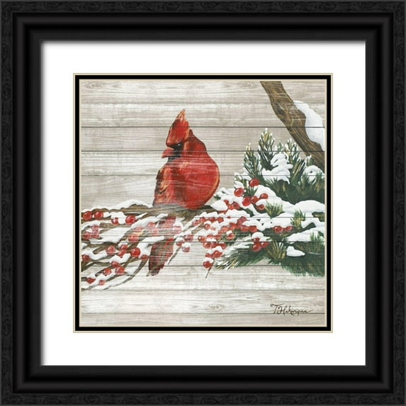 Hakimipour, Tiffany 15x15 Black Ornate Wood Framed with Double Matting Museum Art Print Titled - Winter Red Bird on Wood I