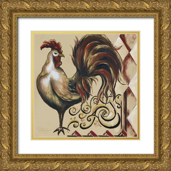 Hakimipour, Tiffany 20x20 Gold Ornate Wood Framed with Double Matting Museum Art Print Titled - Rules the Roosters Square I