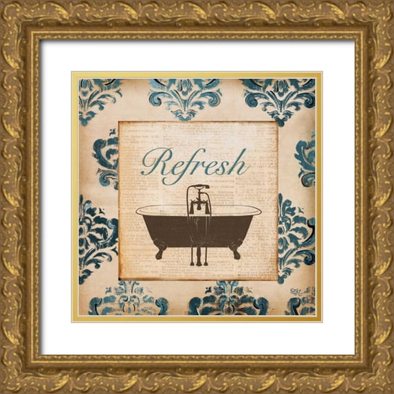 Hakimipour, Tiffany 20x20 Gold Ornate Wood Framed with Double Matting Museum Art Print Titled - Vintage Blue Damask I