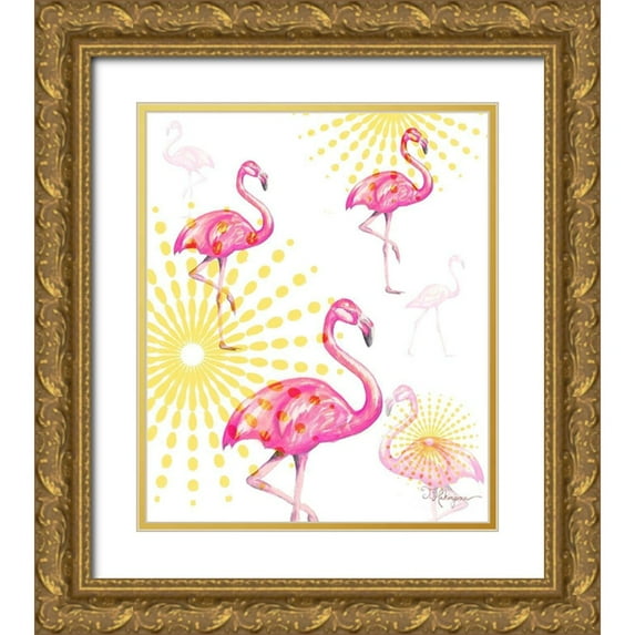 Hakimipour, Tiffany 20x23 Gold Ornate Wood Framed with Double Matting Museum Art Print Titled - Fashion Flamingos Burst I
