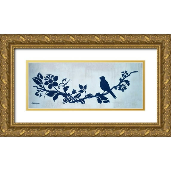 Hakimipour, Tiffany 32x15 Gold Ornate Wood Framed with Double Matting Museum Art Print Titled - Blue Floral and Bird I