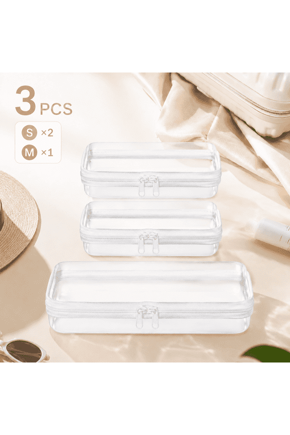 3-Pack Clear Zipper Pouch Set, Hard Shell Travel Organizer, Toiletry Bag, Cosmetic Bag, Diaper Bag Organizer, Crush-Resistant Case for Makeup, Cables, Toys