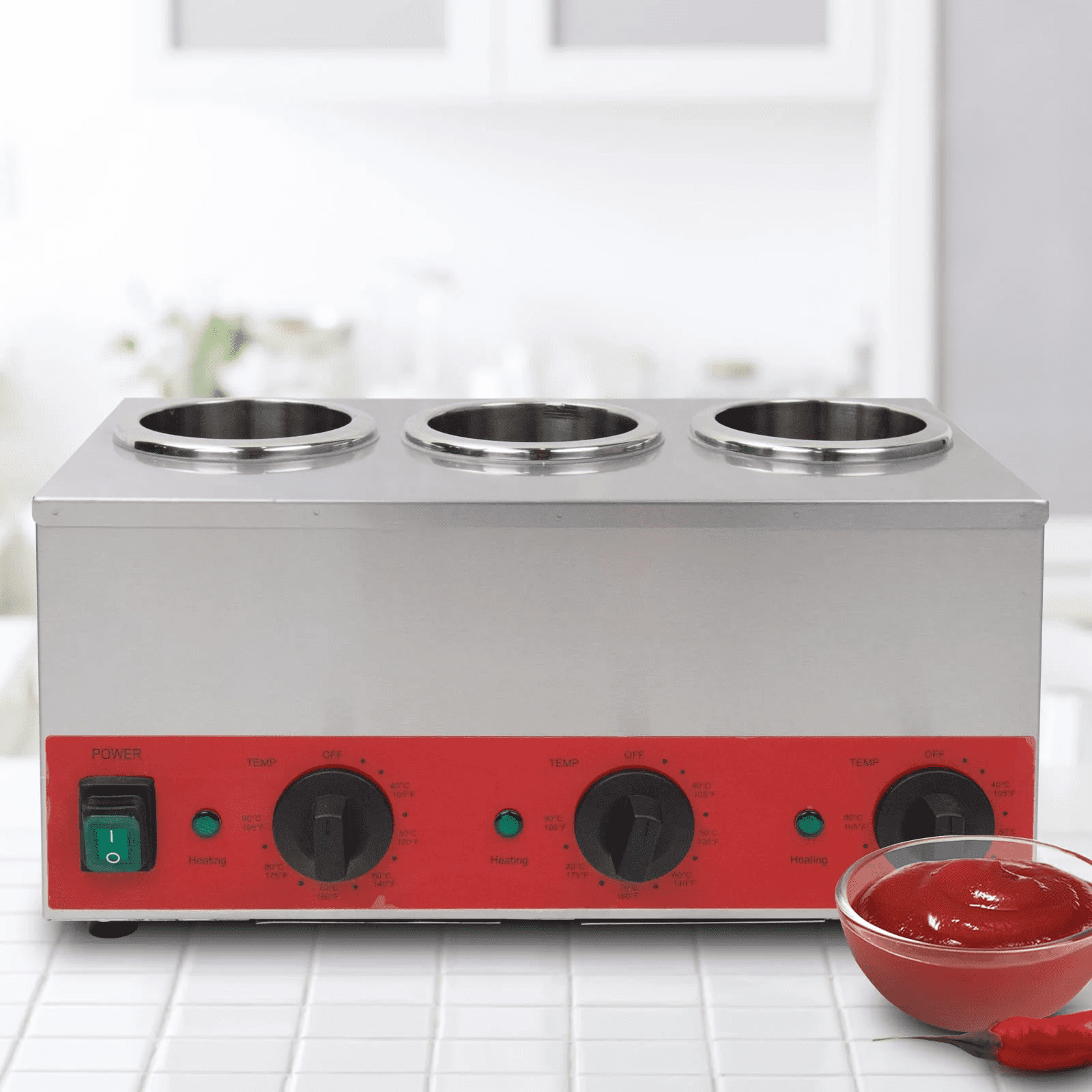 Hakka Triple Bottle Sauce and Cheese Warmer, 3 Well Stainless Steel, 600W, Adjustable Temperature 105-195F, 110V