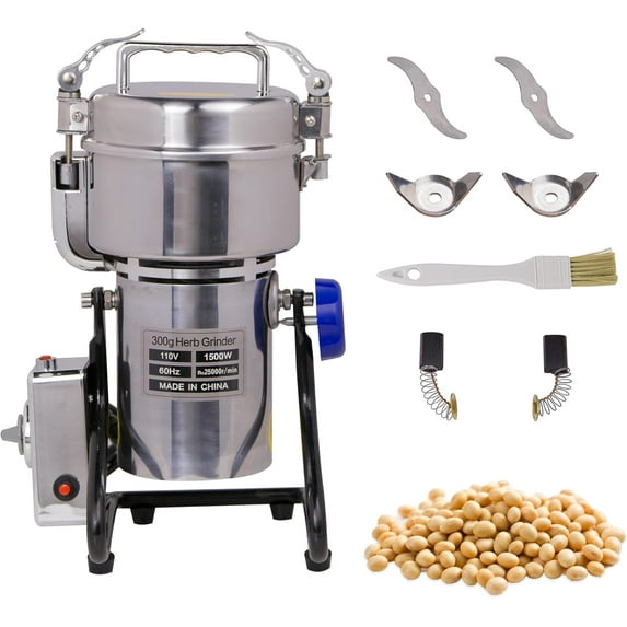 Hakka Grain Mills Grinder, 300g Electric Powder Mill Machine 1500W High Speed Stainless Steel Pulverizer Machine Commercial Herb Grinder for Grinding Dry Corn Coffee Bean Pepper(270° Swing Type)