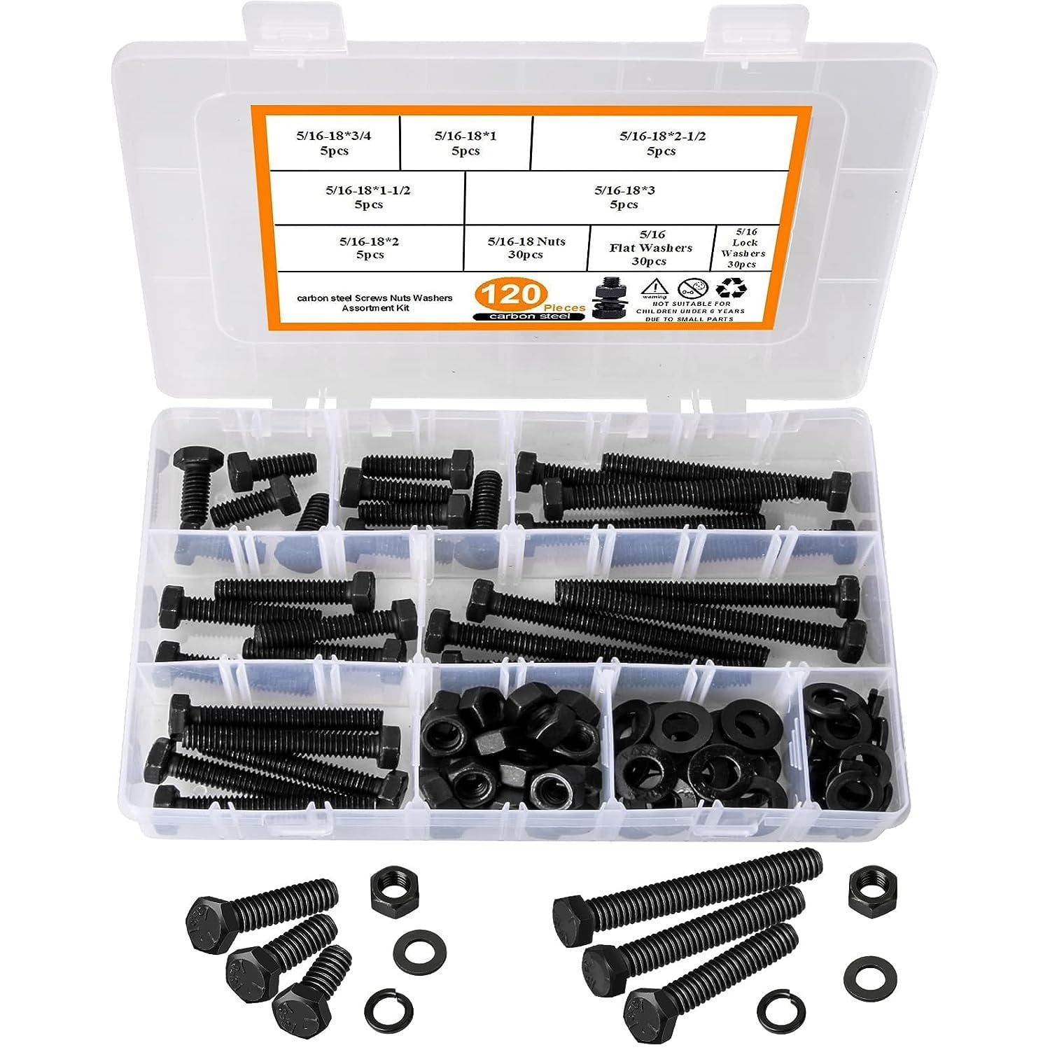 Hakkin 120pcs 5/16-18 Heavy Duty Nuts and Bolts Screws Flat & Lock ...