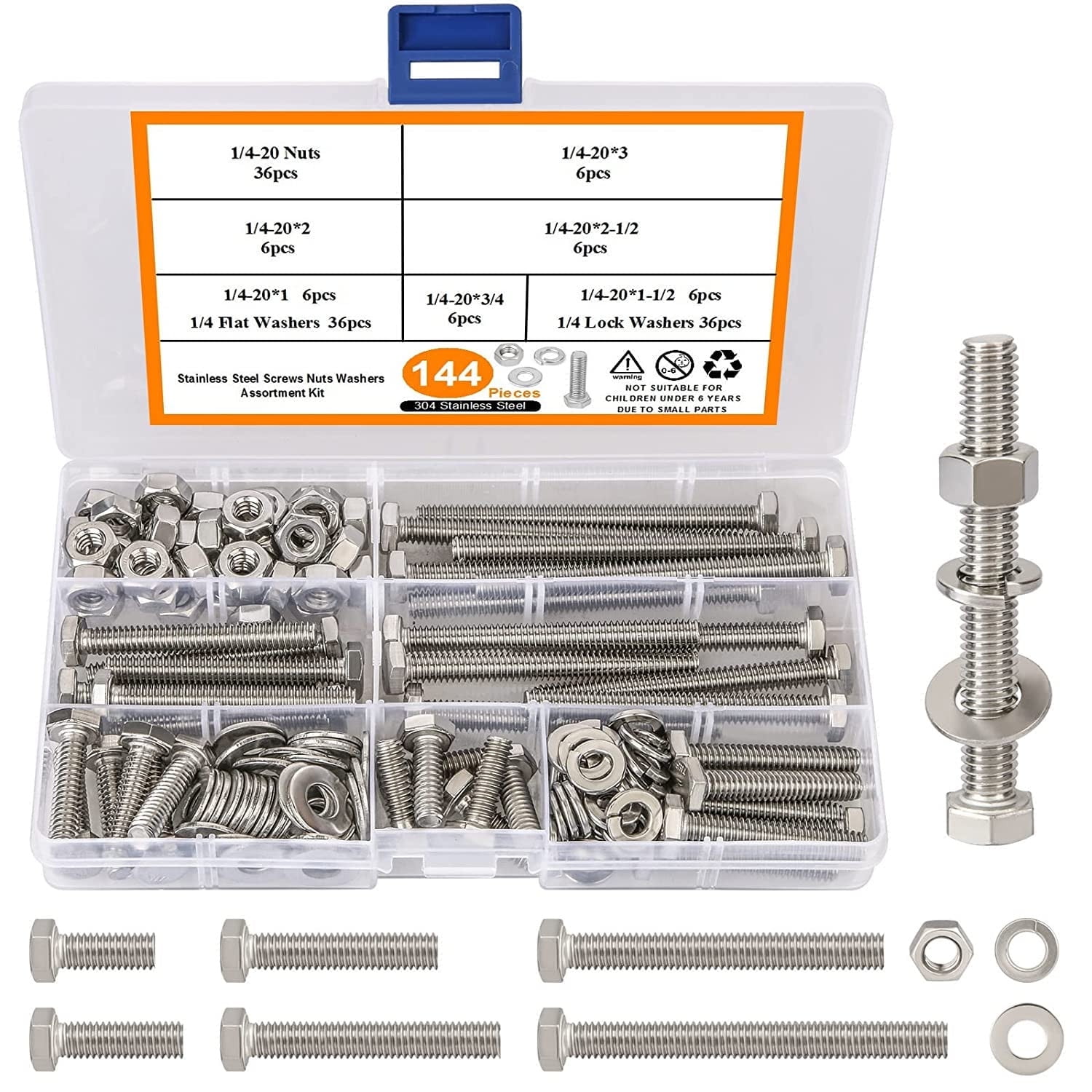 144PCS 1/4-20 Heavy Duty Hex Bolts and Nuts Screw, 1/4 Nuts and Bolts  Machine Screws Washers Assortment Kit, Silver 