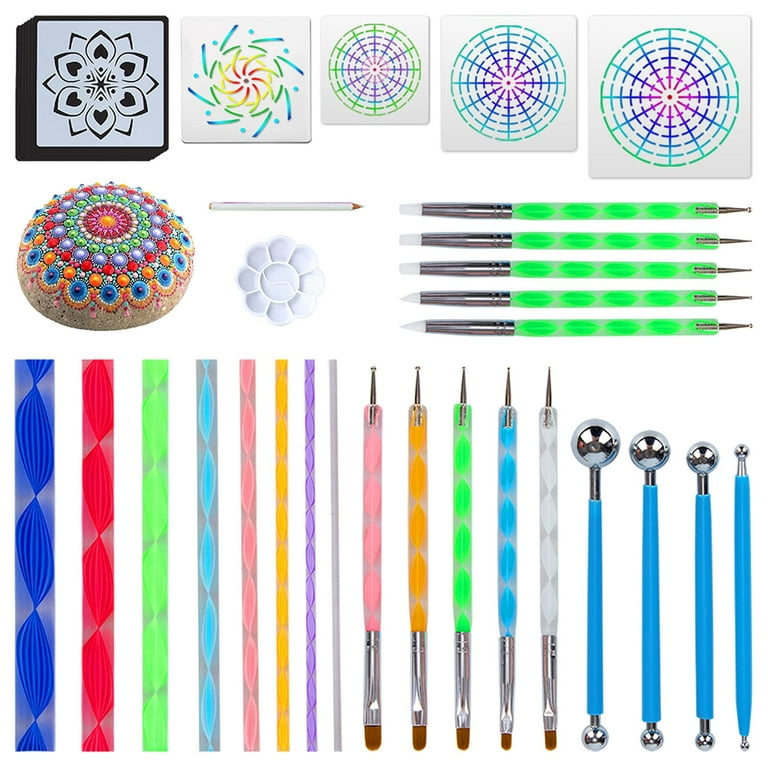 47PCS Mandala Dotting Tools Painting - Rock Stencils Tool Set Art Craft  Supplies with Tray Brush Pen for Nail Stone 