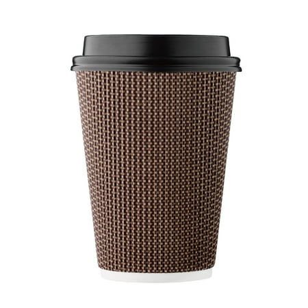 Hakoware Disposable 12 fl oz Brown Rippled Double-Walled Paper Hot Cup with Lid 100 Sets