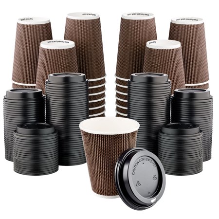 Hakoware Disposable 12 fl oz Brown Rippled Double-Walled Paper Hot Cup with Lid 400 Sets