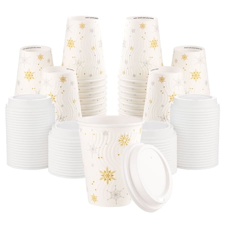 Hakoware Disposable 12 oz White Snowflake Embossed Paper Coffee Cups with Lids 400 Sets