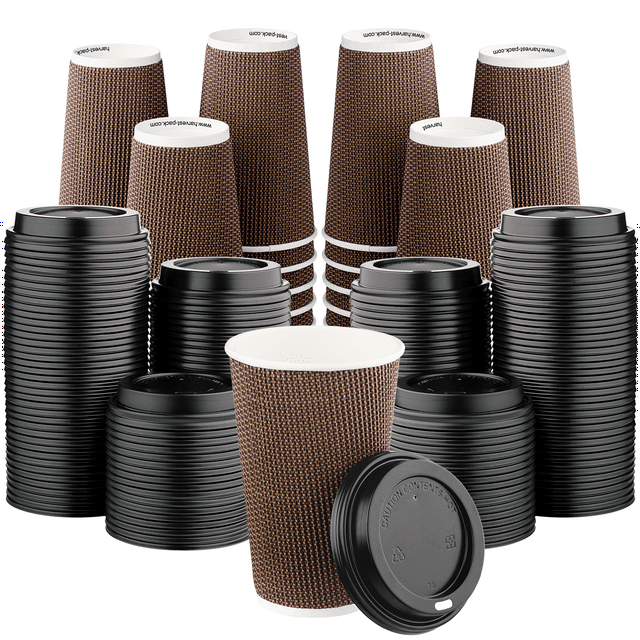 Hakoware Disposable 16 oz Brown Rippled Double-Walled Paper Hot Cup ...