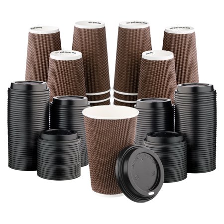 Hakoware Disposable 16 oz Brown Rippled Double-Walled Paper Hot Cup with Lid 340 SETS