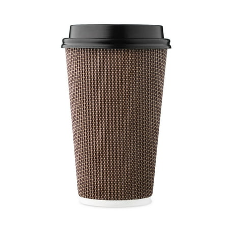 Hakoware Disposable 16 oz Brown Rippled Double-Walled Paper Hot Cup with Lid 85 SETS