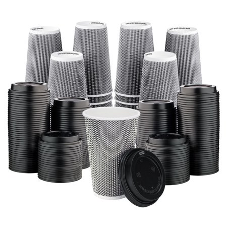 Hakoware Disposable 16 oz Insulated Black Geometric Ripple Double-Walled Paper Coffee Cup with Lid 340 Sets