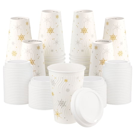 Hakoware Disposable 16 oz White Snowflake Embossed Paper Coffee Cups with Lids 400 Sets