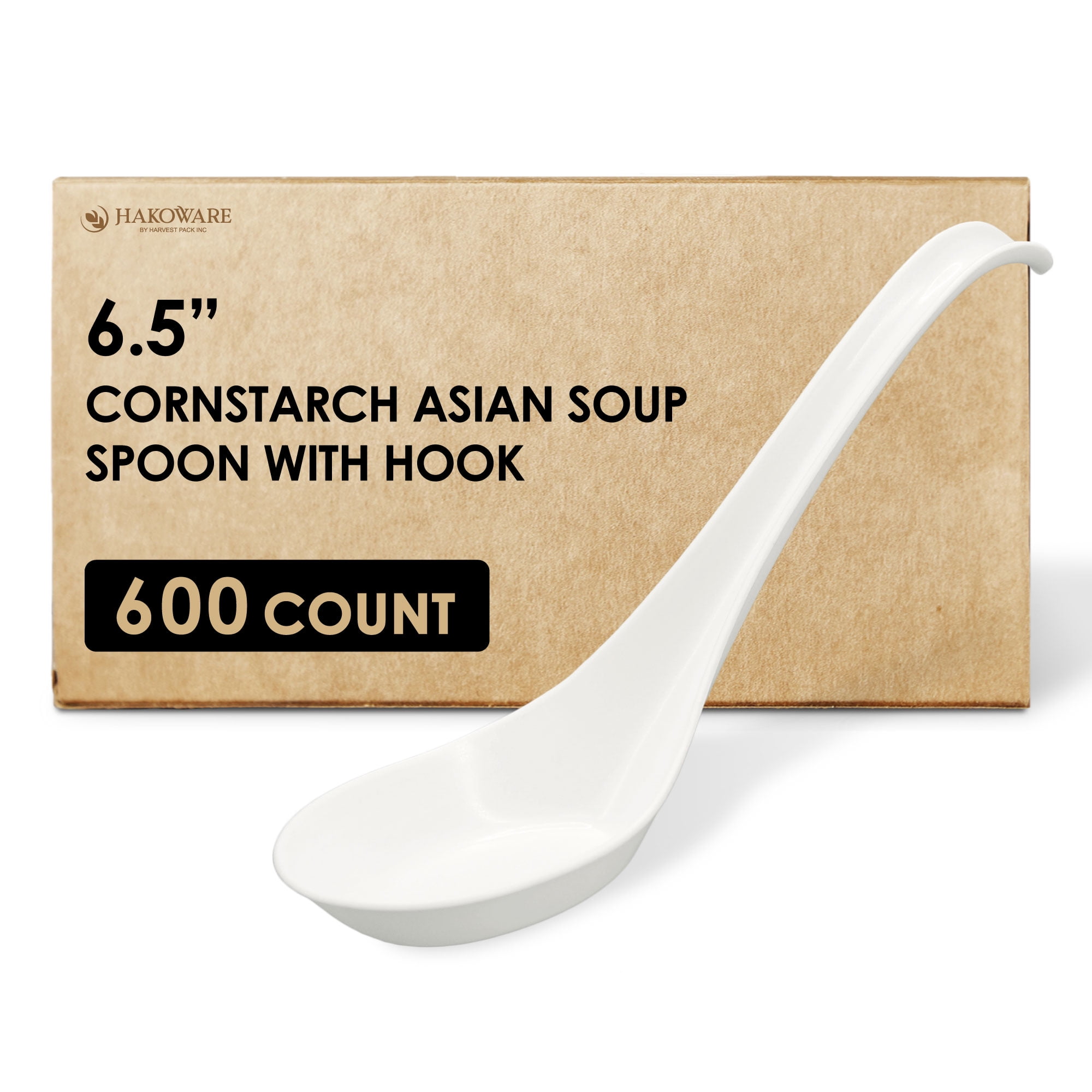 Hakoware Disposable 6.5 inch PLA Asian Soup Spoon with Hook for Ramen