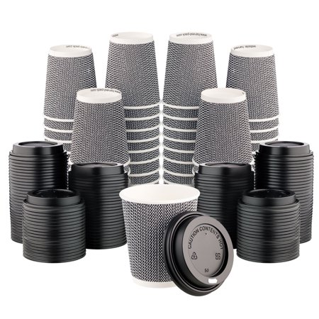 Hakoware Disposable 8 fl oz Black Rippled Double-Walled Paper Hot Cup with Lid 600 Sets