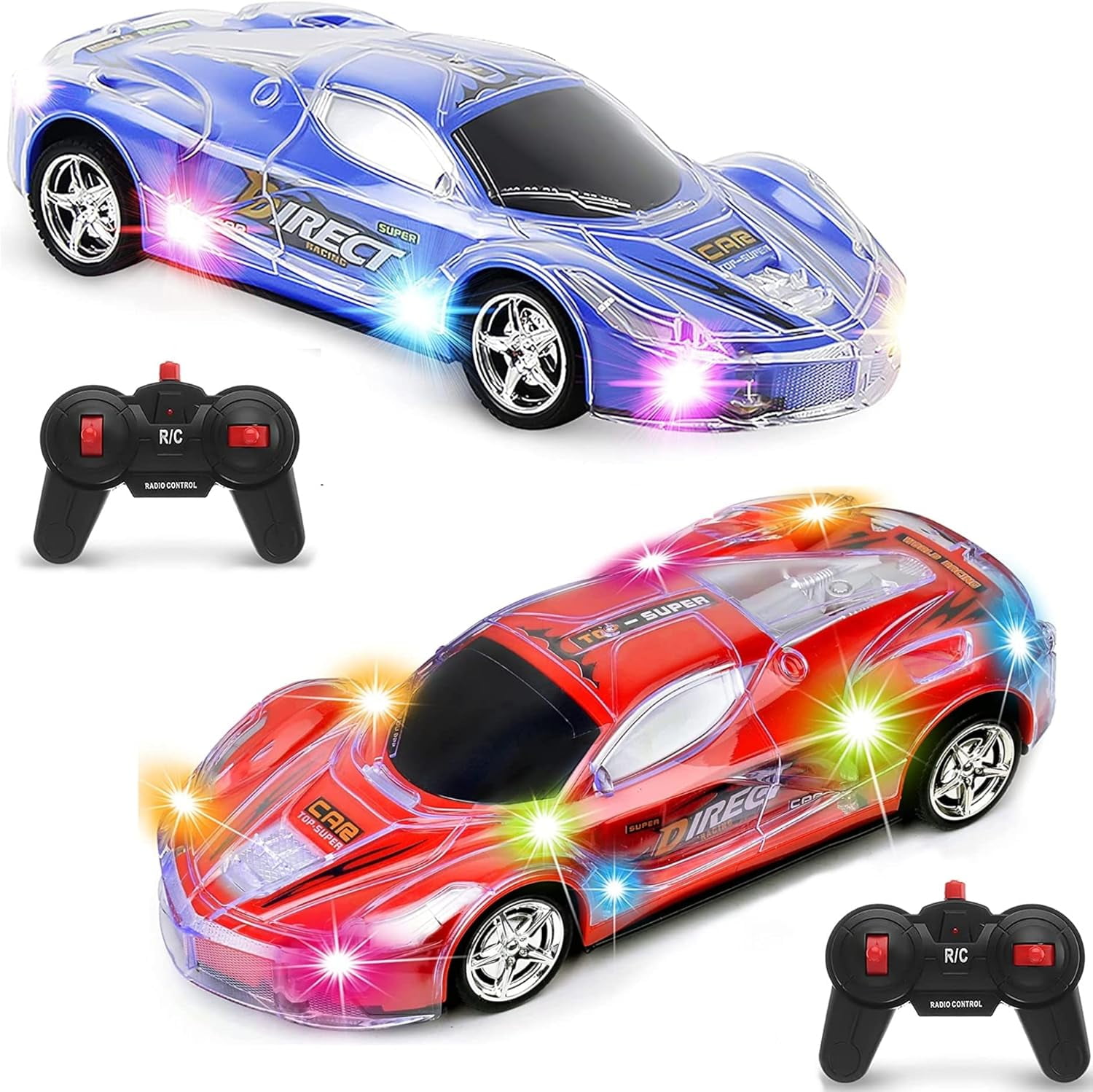 Haktoys 2-Pack Remote Control Sports Cars: Set of Two Radio Control Racing Toy Vehicles with LED Flashing Lights - Perfect for Two Players