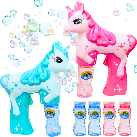 Haktoys Unicorn Bubble Gun Set for Kids, 2-Pack Automatic Bubble Blowers with Bubble Solution, Outdoor Toy
