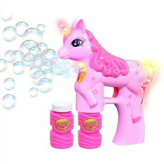 Haktoys Unicorn Bubble Shooter Gun | Battery Operated Bubble Blaster Toy with LED Flashing Lights for Toddlers and Kids | Parent-Friendly Noise-Free Design, Extra Refill Bottle (Batteries